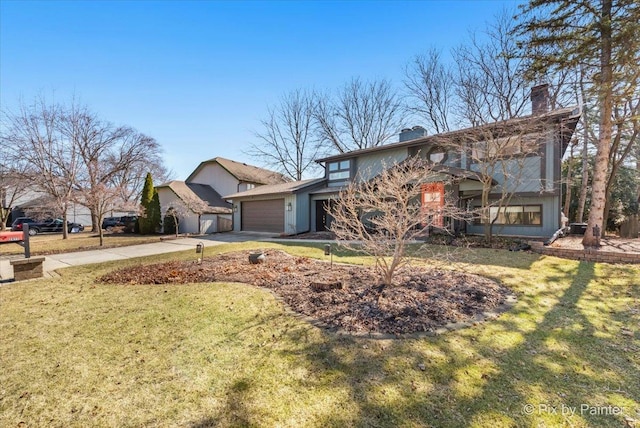 view of front of home featuring a chimney, a front lawn, concrete driveway, and a garage