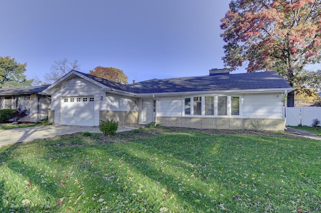 ranch-style house featuring fence, an attached garage, concrete driveway, a front lawn, and brick siding