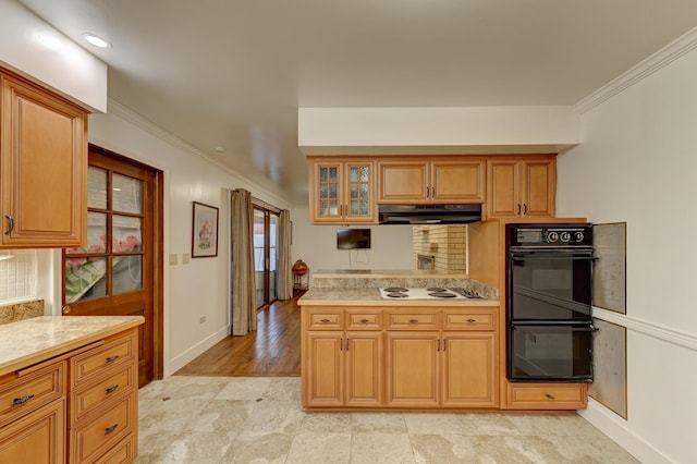 kitchen with backsplash, crown molding, under cabinet range hood, white electric cooktop, and dobule oven black