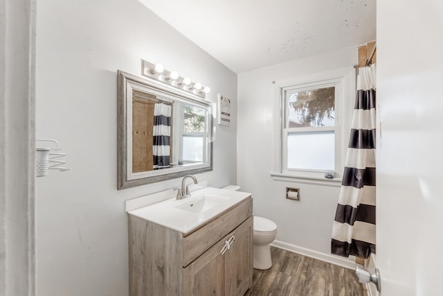 bathroom featuring a healthy amount of sunlight, toilet, vanity, and wood finished floors