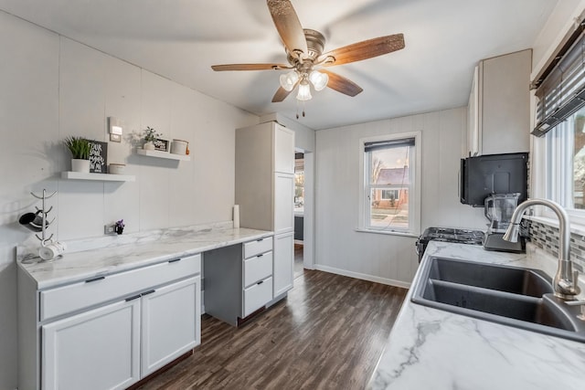 kitchen with a sink, backsplash, light stone counters, and dark wood-type flooring