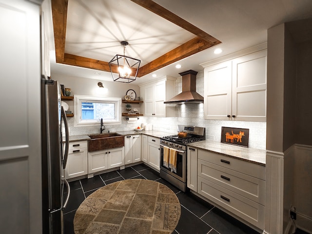 kitchen featuring open shelves, a sink, stainless steel appliances, wall chimney exhaust hood, and backsplash