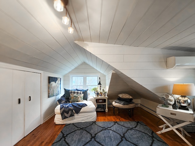 bedroom with wood walls, an AC wall unit, vaulted ceiling, wooden ceiling, and wood finished floors