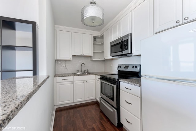 kitchen with backsplash, stainless steel appliances, dark wood-style floors, white cabinetry, and open shelves