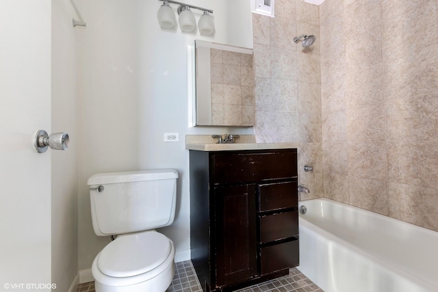 full bath with toilet, shower / tub combination, tile patterned flooring, baseboards, and vanity