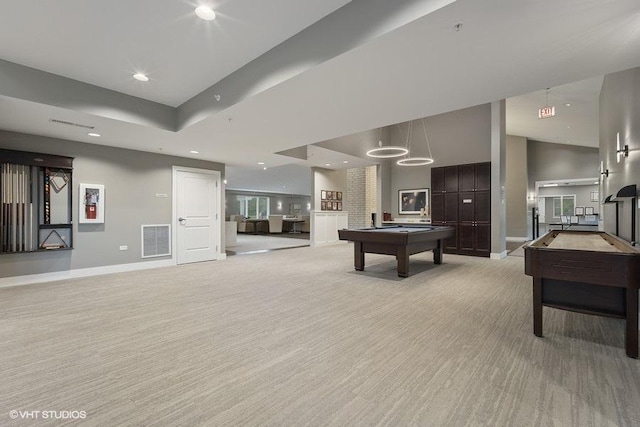 rec room with visible vents, billiards, recessed lighting, baseboards, and light colored carpet