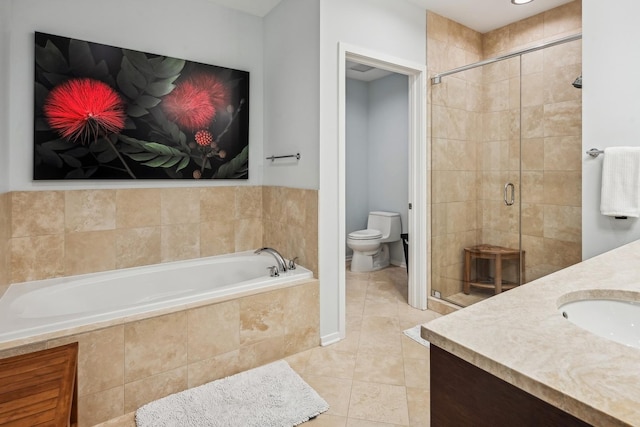 full bath featuring tile patterned flooring, toilet, a stall shower, a bath, and vanity