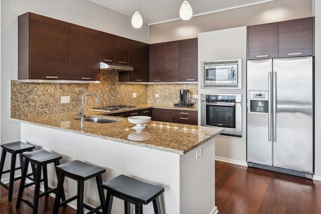 kitchen with under cabinet range hood, appliances with stainless steel finishes, a peninsula, decorative backsplash, and dark brown cabinets