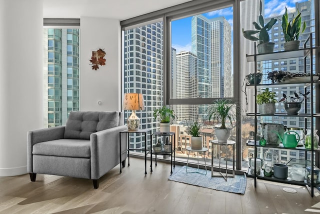 sitting room with a view of city, wood finished floors, baseboards, and expansive windows