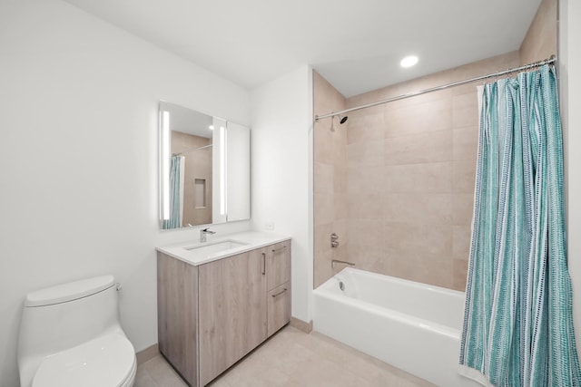 full bathroom with tile patterned floors, vanity, toilet, and shower / tub combo with curtain