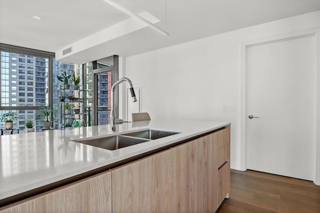 kitchen featuring light countertops, modern cabinets, light brown cabinetry, and a sink