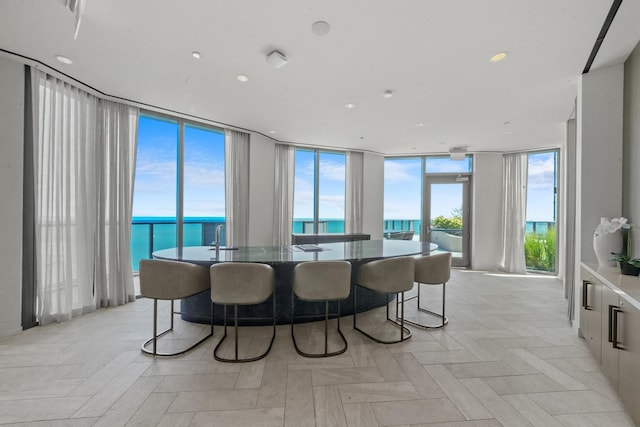 dining space with a water view