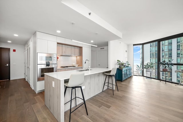 kitchen with wood finished floors, stainless steel appliances, a sink, modern cabinets, and backsplash