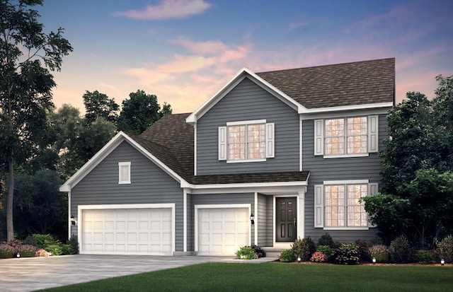 view of front of house featuring a front lawn, driveway, and a shingled roof