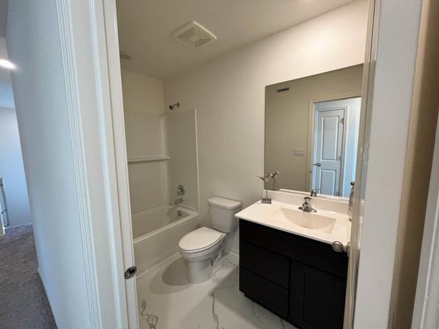 full bathroom featuring tub / shower combination, visible vents, toilet, and vanity