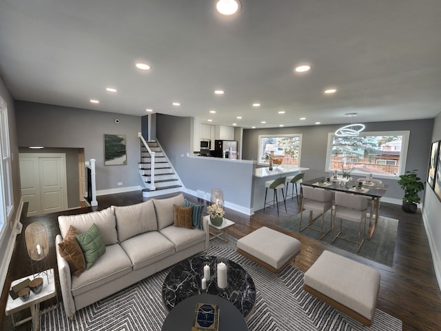 living room with recessed lighting, baseboards, dark wood-style floors, and stairs