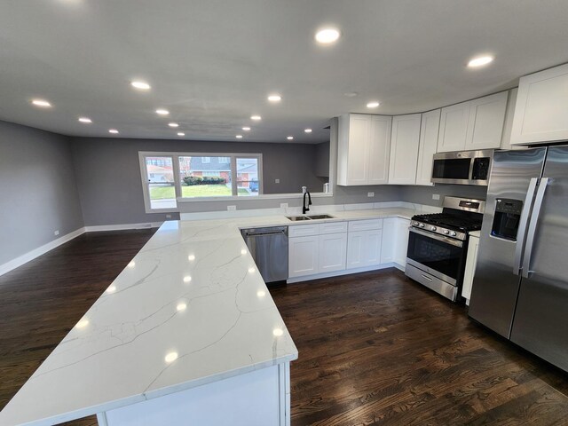 kitchen featuring light stone countertops, recessed lighting, dark wood-style flooring, a sink, and appliances with stainless steel finishes