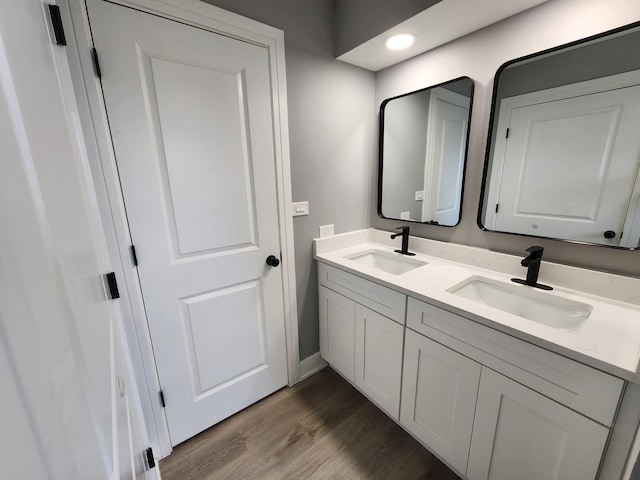 bathroom with double vanity, wood finished floors, baseboards, and a sink