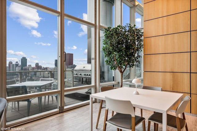 sunroom featuring a city view and plenty of natural light