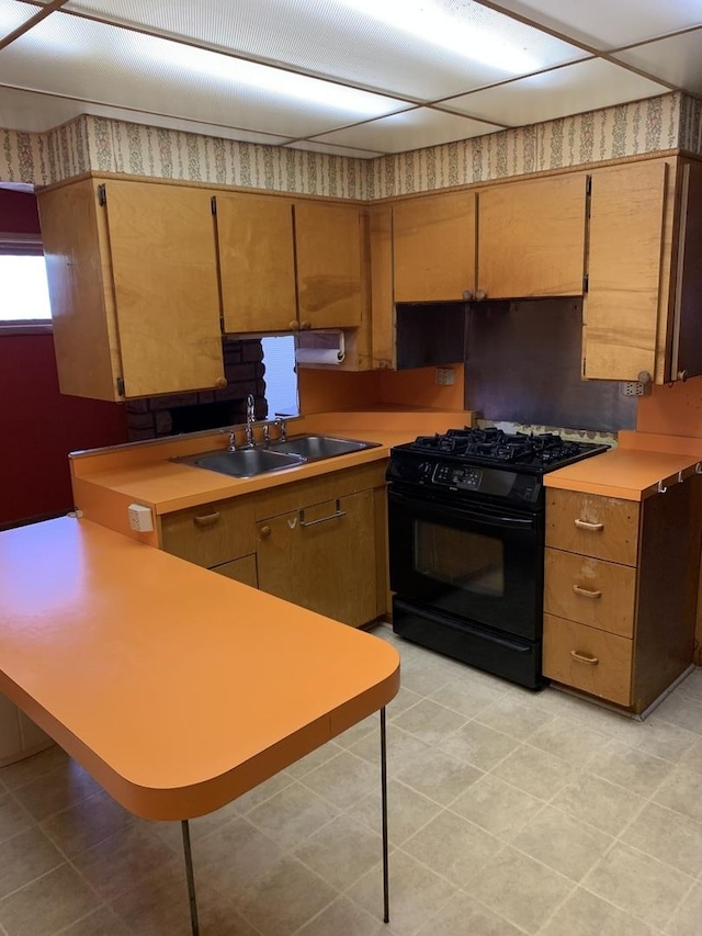 kitchen featuring black gas stove, a peninsula, light countertops, and a sink