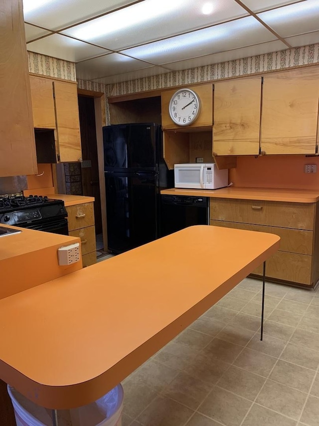 kitchen featuring black appliances, a peninsula, and light countertops