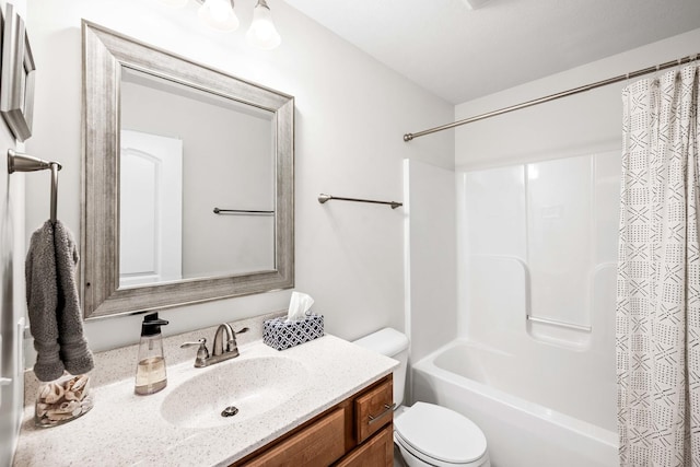 full bath with toilet, vanity, and shower / bath combination with curtain