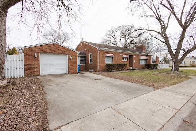 ranch-style home with fence, a chimney, concrete driveway, a garage, and brick siding