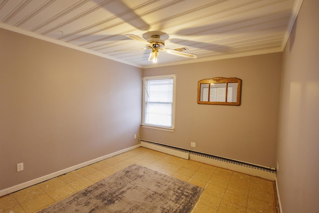 spare room featuring crown molding, baseboards, a baseboard heating unit, ceiling fan, and light floors