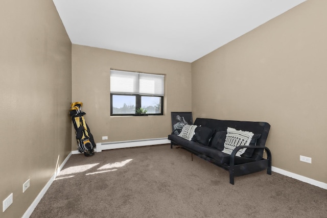 living area featuring carpet floors, baseboards, and a baseboard radiator