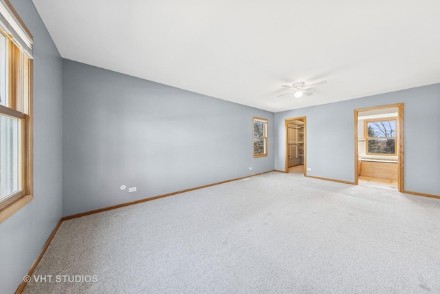 unfurnished bedroom featuring a walk in closet, a ceiling fan, a closet, carpet, and baseboards