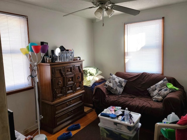 living room with wood finished floors, a healthy amount of sunlight, and ceiling fan