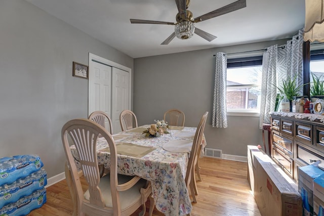 dining room with light wood-type flooring, baseboards, visible vents, and a ceiling fan