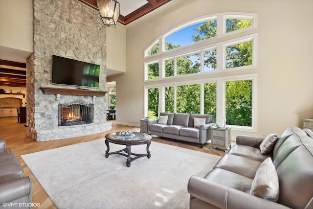 living room featuring a high ceiling, a stone fireplace, and wood finished floors