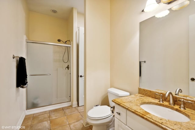 full bathroom with tile patterned flooring, toilet, vanity, and a stall shower