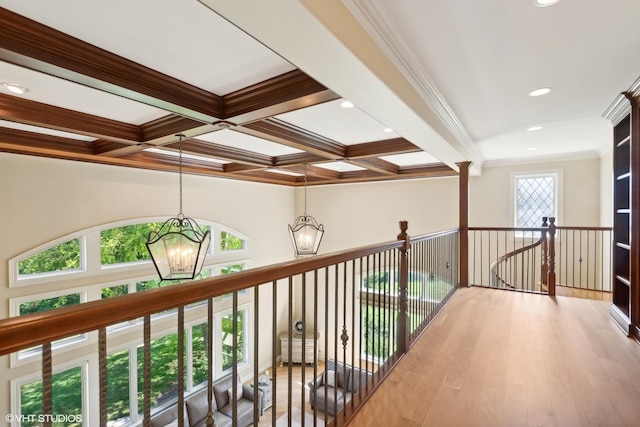 hallway featuring plenty of natural light, coffered ceiling, an inviting chandelier, and wood finished floors