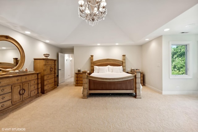 bedroom featuring visible vents, high vaulted ceiling, recessed lighting, baseboards, and light colored carpet