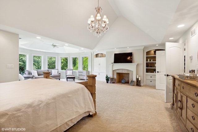 bedroom with a fireplace with flush hearth, a notable chandelier, high vaulted ceiling, light carpet, and recessed lighting