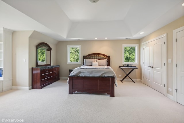 bedroom featuring a tray ceiling, multiple windows, and carpet flooring