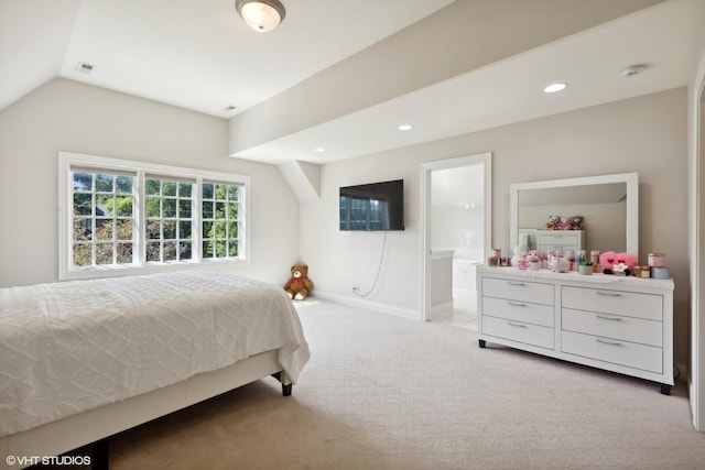 bedroom with visible vents, baseboards, light colored carpet, vaulted ceiling, and recessed lighting