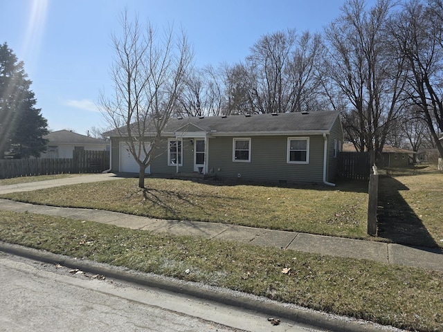 single story home with concrete driveway, fence, a garage, and a front lawn