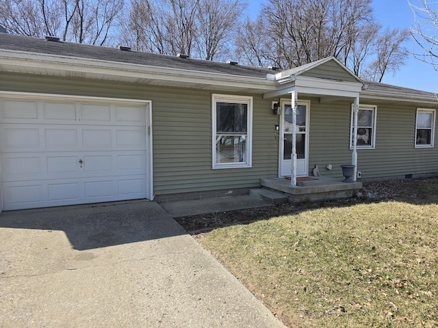 ranch-style house with a garage, driveway, a front yard, a shingled roof, and crawl space