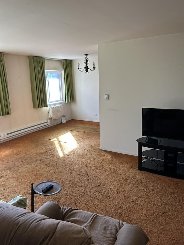 carpeted living room with a baseboard heating unit