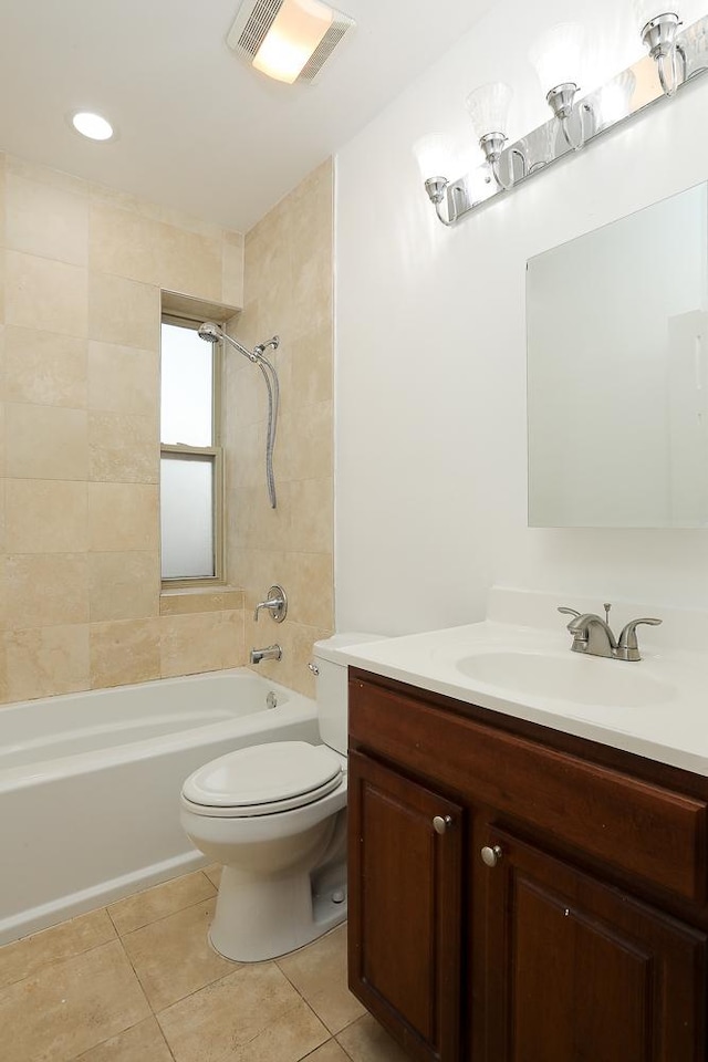 full bathroom with visible vents, toilet, shower / tub combination, tile patterned floors, and vanity