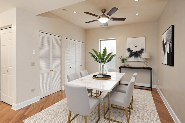 dining space with recessed lighting, light wood-type flooring, baseboards, and ceiling fan