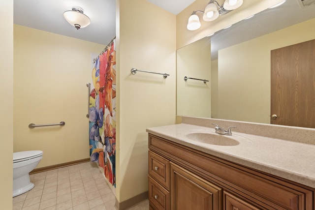 bathroom featuring tile patterned flooring, visible vents, baseboards, toilet, and vanity