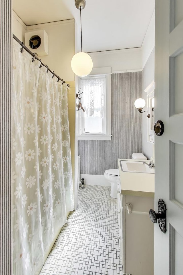 bathroom with vanity, a shower with shower curtain, and toilet