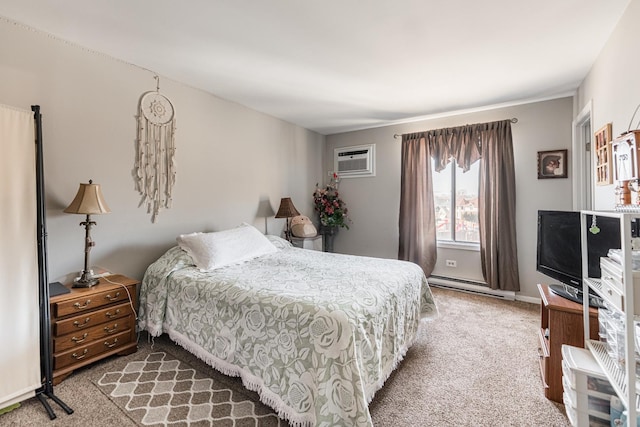 carpeted bedroom with a baseboard heating unit and a wall mounted AC