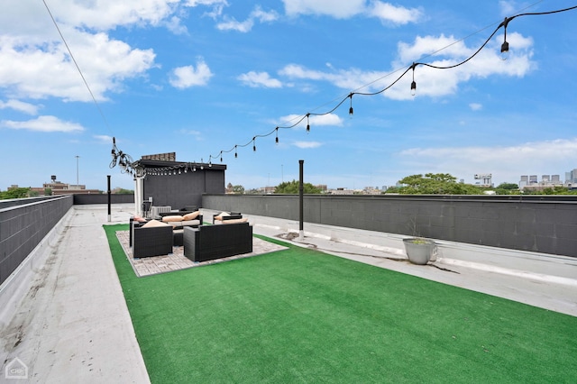 view of yard with an outdoor hangout area, a patio, a fenced backyard, and a pergola