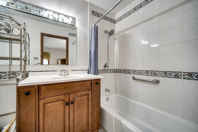 full bath with tasteful backsplash, tile walls, vanity, and shower / bath combination with curtain