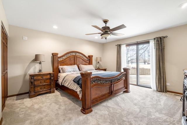 bedroom with baseboards, light carpet, ceiling fan, and access to outside